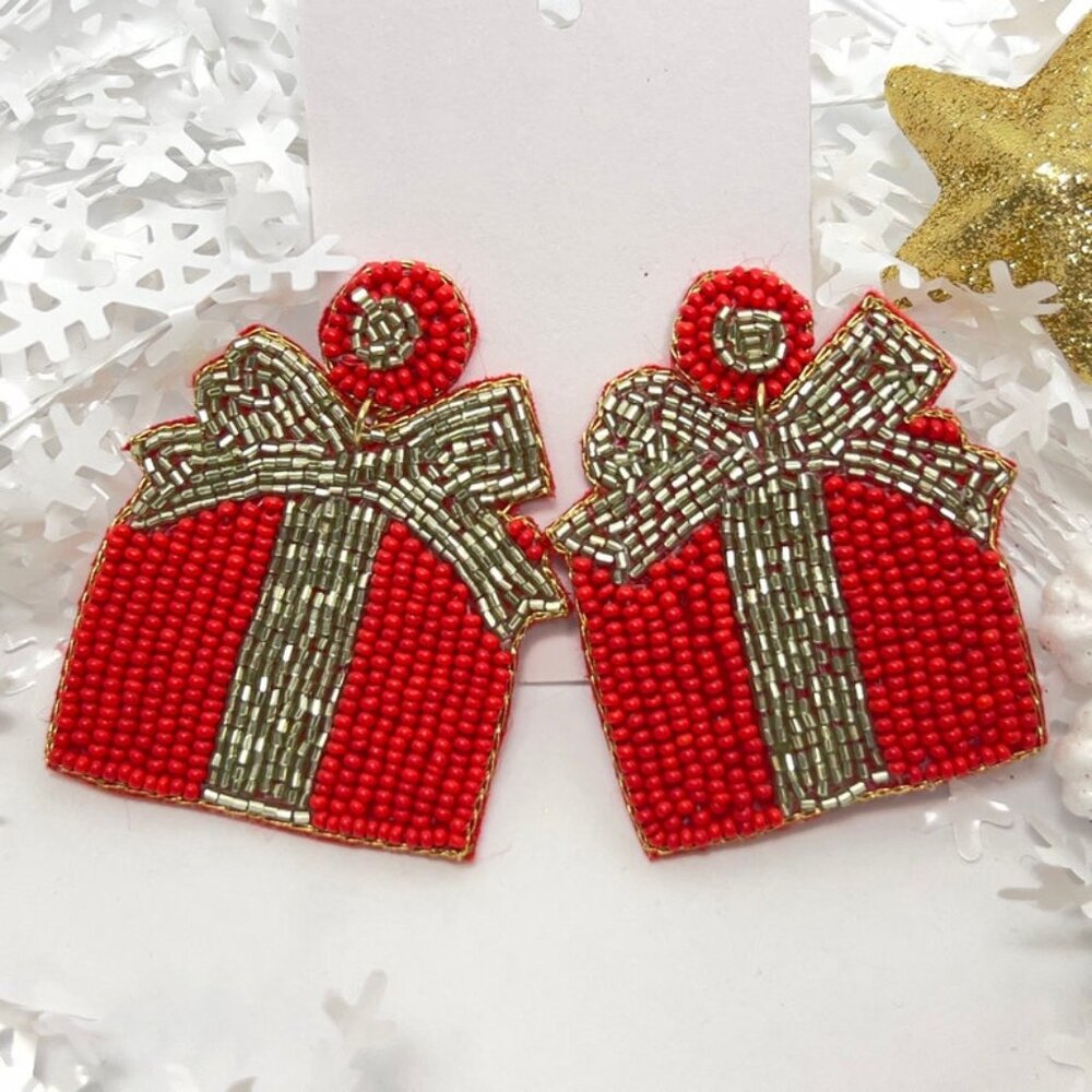 Glamorous Red Gift Box Earrings Handmade Beaded Statement Jewelry for Stylish
